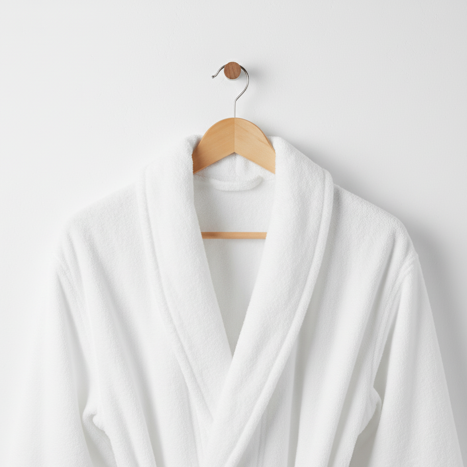 Baltas chalatas su diržu pakabintas ant pakabos