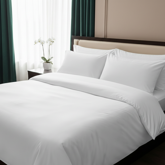 Balta, lygaus audinio medvilninė satino patalynė miegamajame.